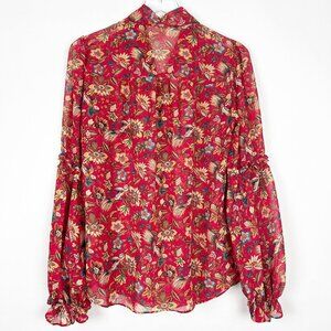 Max Studio Blouse Womens S Red Yellow Floral Print Tie Neck Georgette Bohemian